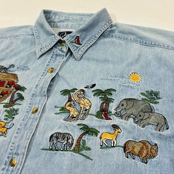 Vintage Embroidered Noah’s Arc Light Jean Button Down Shirt - Picture 4 of 11